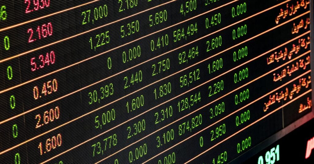 Detailed view of a stock market screen showing numbers and data, symbolizing financial trading.