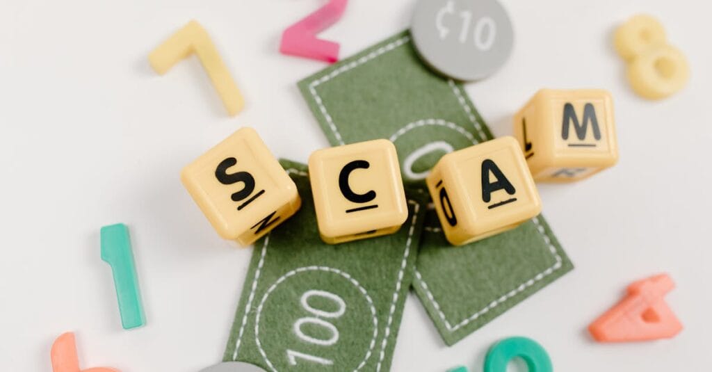 Visual representation of a scam concept using toys, dice, and fake money on a white background.